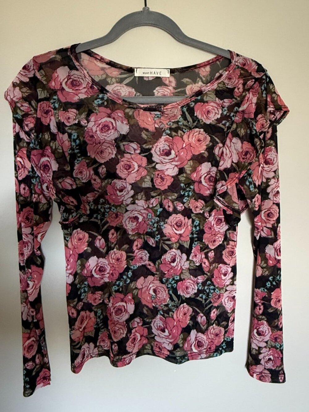 Must Have Sheer Floral Mesh Long Sleeve Top NWOT